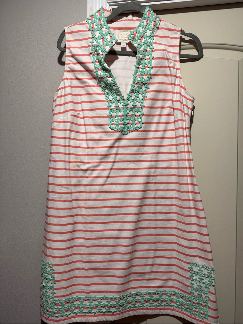 Sail to Sable Coral-Striped Sleeveless Dress with Mint Crochet Trim